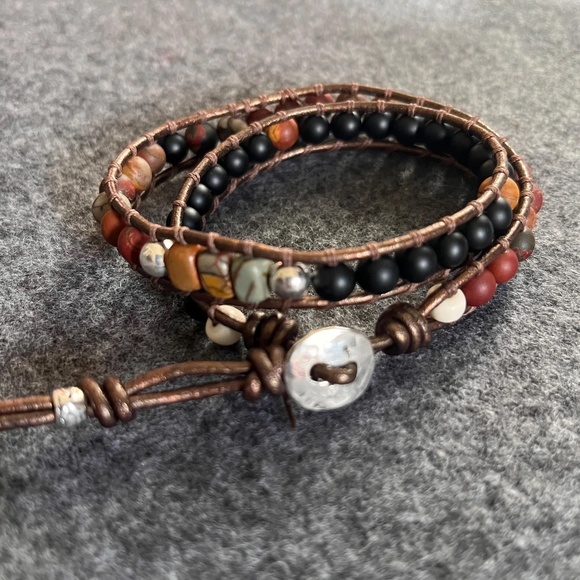 Double Wrap Leather Bracelet - Red Creek Jasper, Black Onyx, Sterling Silver - Picture 8 of 8